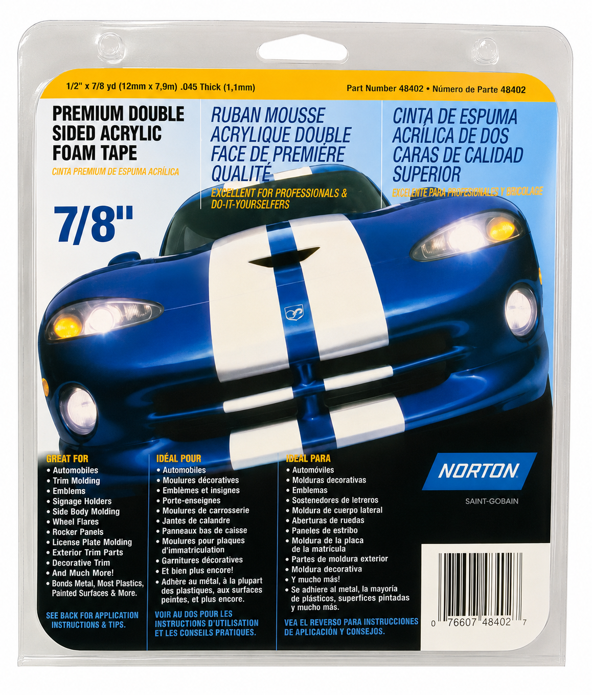 Norton Premium Double Sided Acrylic Foam Tape 7/8" x 36 Yards Automotive Grade 05622 New