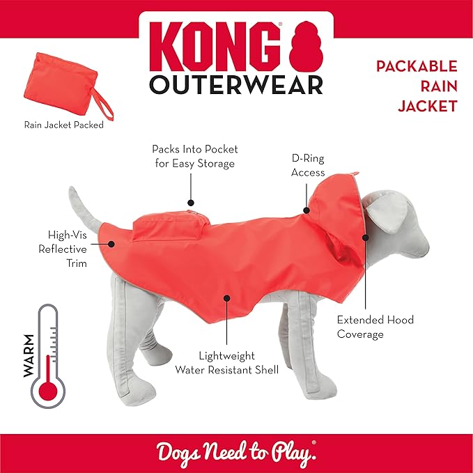KONG Packable Rain Jacket for Dogs – Medium – Red