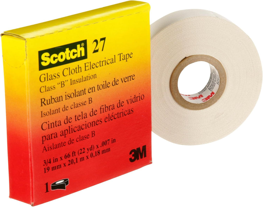 3M Glass Cloth Electrical Tape 27, 3/4 in x 66 ft, 1 Roll, Non-Corrosive Adhesive, Pressure Sensitive, High Temperature, Corrosion Protection, 7-mil Woven