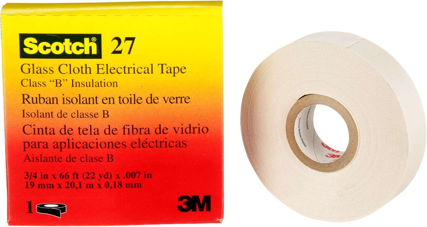 3M Glass Cloth Electrical Tape 27, 3/4 in x 66 ft, 1 Roll, Non-Corrosive Adhesive, Pressure Sensitive, High Temperature, Corrosion Protection, 7-mil Woven