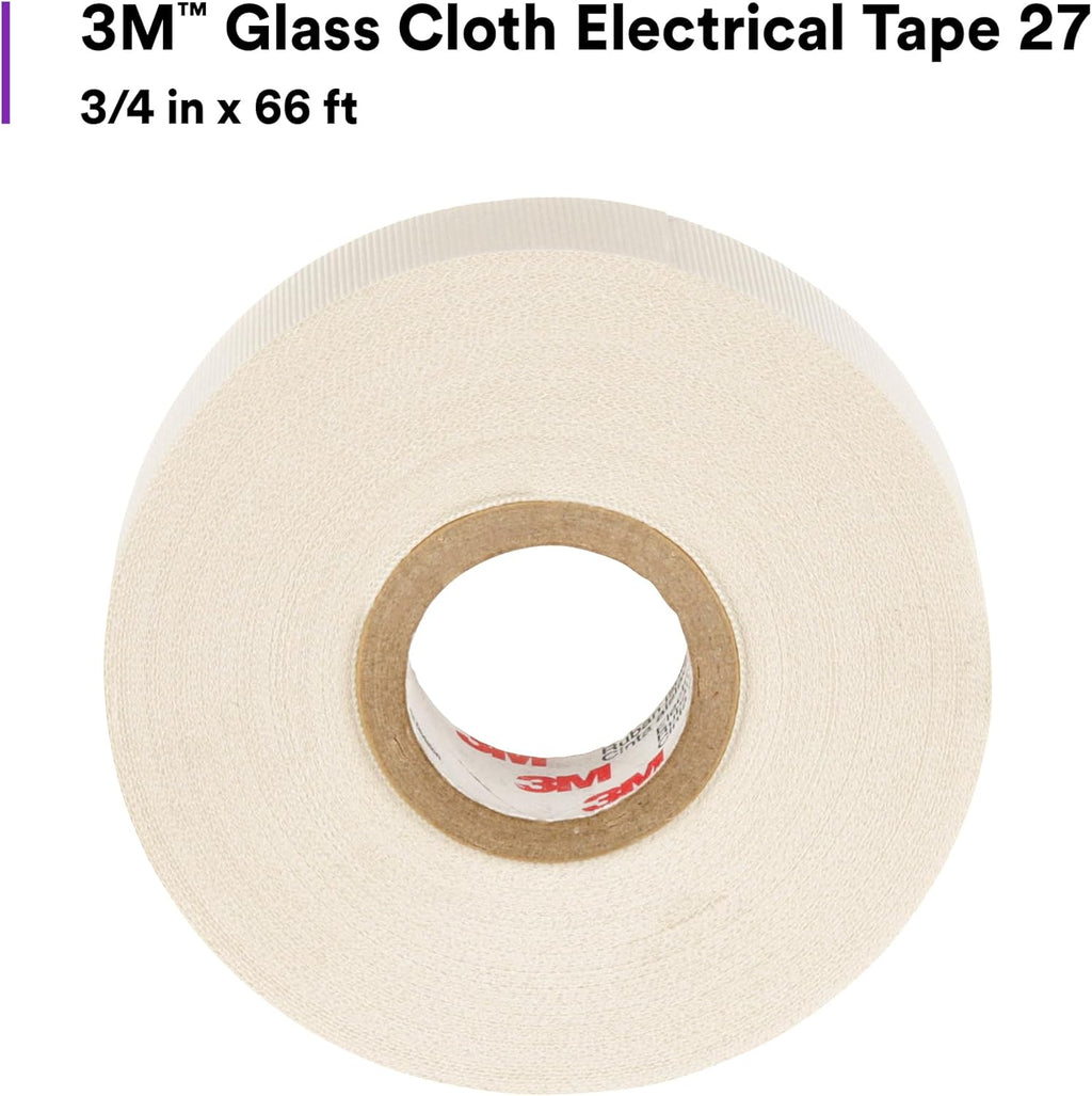 3M Glass Cloth Electrical Tape 27, 3/4 in x 66 ft, 1 Roll, Non-Corrosive Adhesive, Pressure Sensitive, High Temperature, Corrosion Protection, 7-mil Woven
