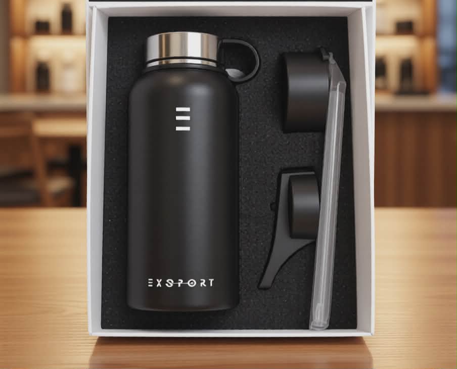 EXSPORT Large Stainless Steel Water Bottle 32oz Black - Double Wall Vacuum Insulated Multi-Lid Set - New