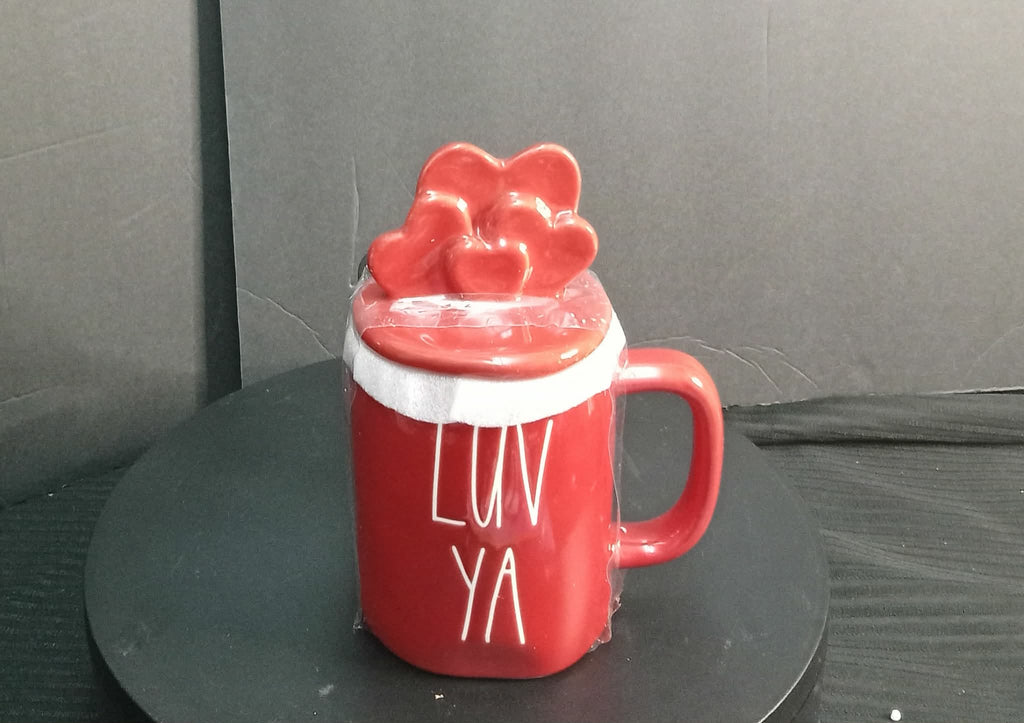 Rae Dunn “LUV YA” Valentine Mug with Heart Lid – Red Ceramic Mug