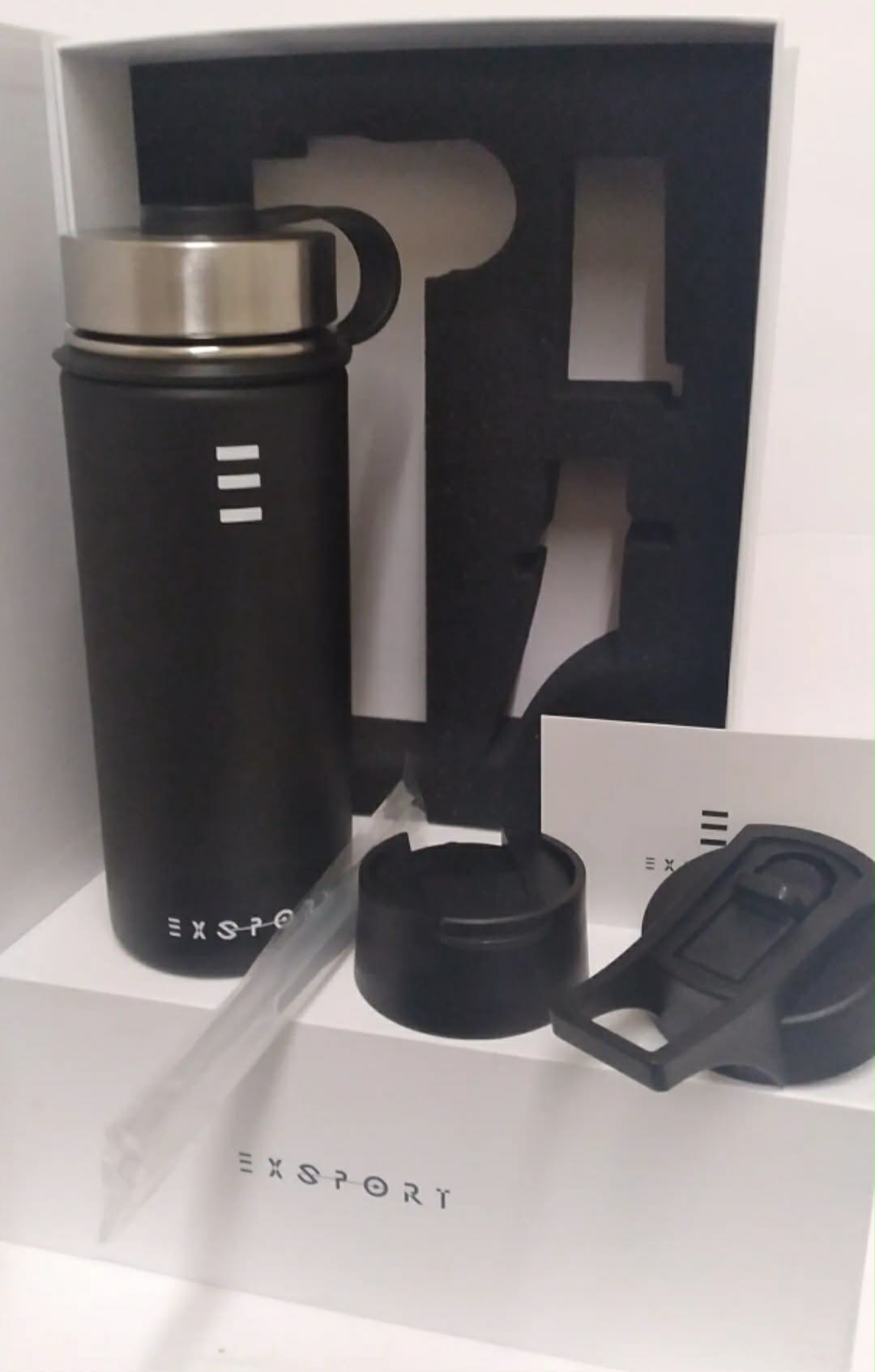 EXSPORT Stainless Steel Water Bottle 18oz Black - Double Wall Vacuum Insulated Multi-Lid - New