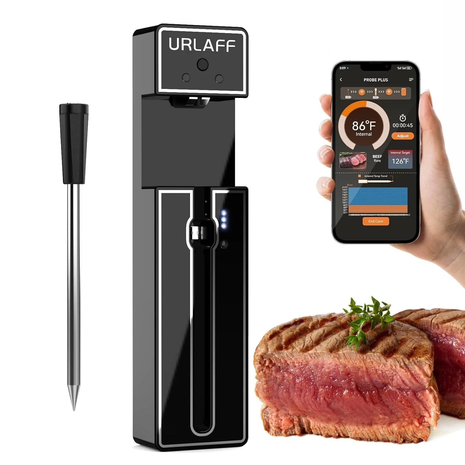 URLAFF MixStick Wireless Smart Meat Thermometer - 500ft Range, Bluetooth 5.2 - NEW
