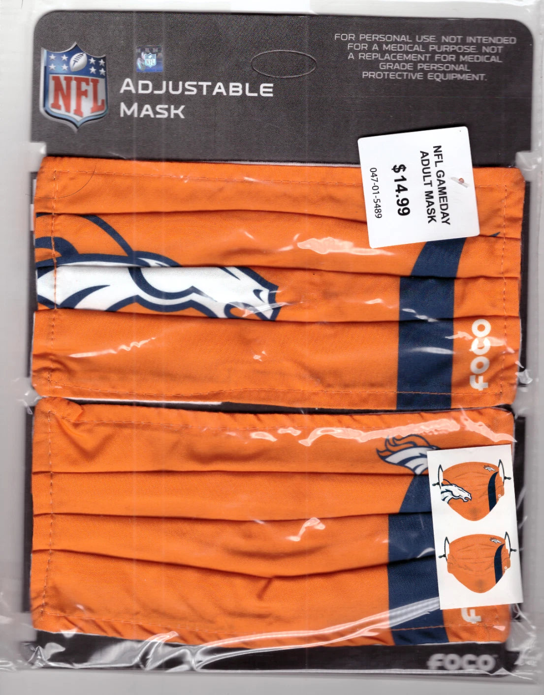 Denver Broncos NFL Adjustable Adult Face Masks by FOCO – Set of 2