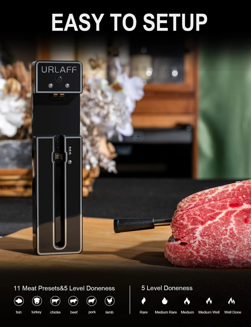 URLAFF MixStick Wireless Smart Meat Thermometer - 500ft Range, Bluetooth 5.2 - NEW