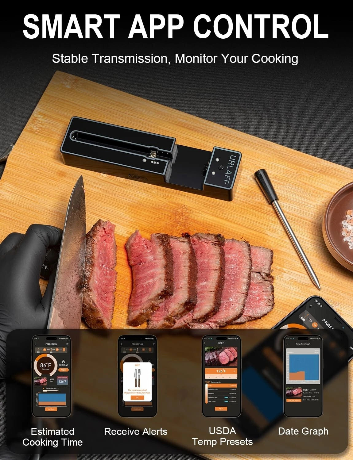 URLAFF MixStick Wireless Smart Meat Thermometer - 500ft Range, Bluetooth 5.2 - NEW
